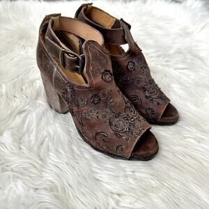 Farylrobin Lorna Embroidered Leather Open Toe Bootie Sz 7.5